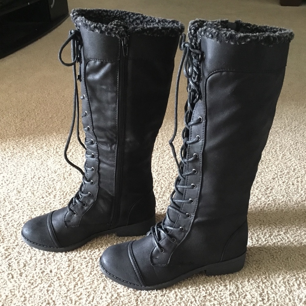 New Long Black Faux Suede Lace-Up Boots